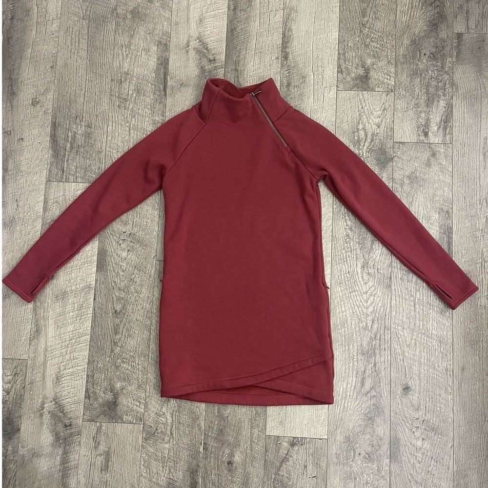 Athleta Cozy Karma Asym Pullover Dress Red Funnel Neck Side Zip Sweatshirt
